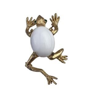 DeNicola Vintage Tree Frog Toad Brooch Milk Glass Green Eyes